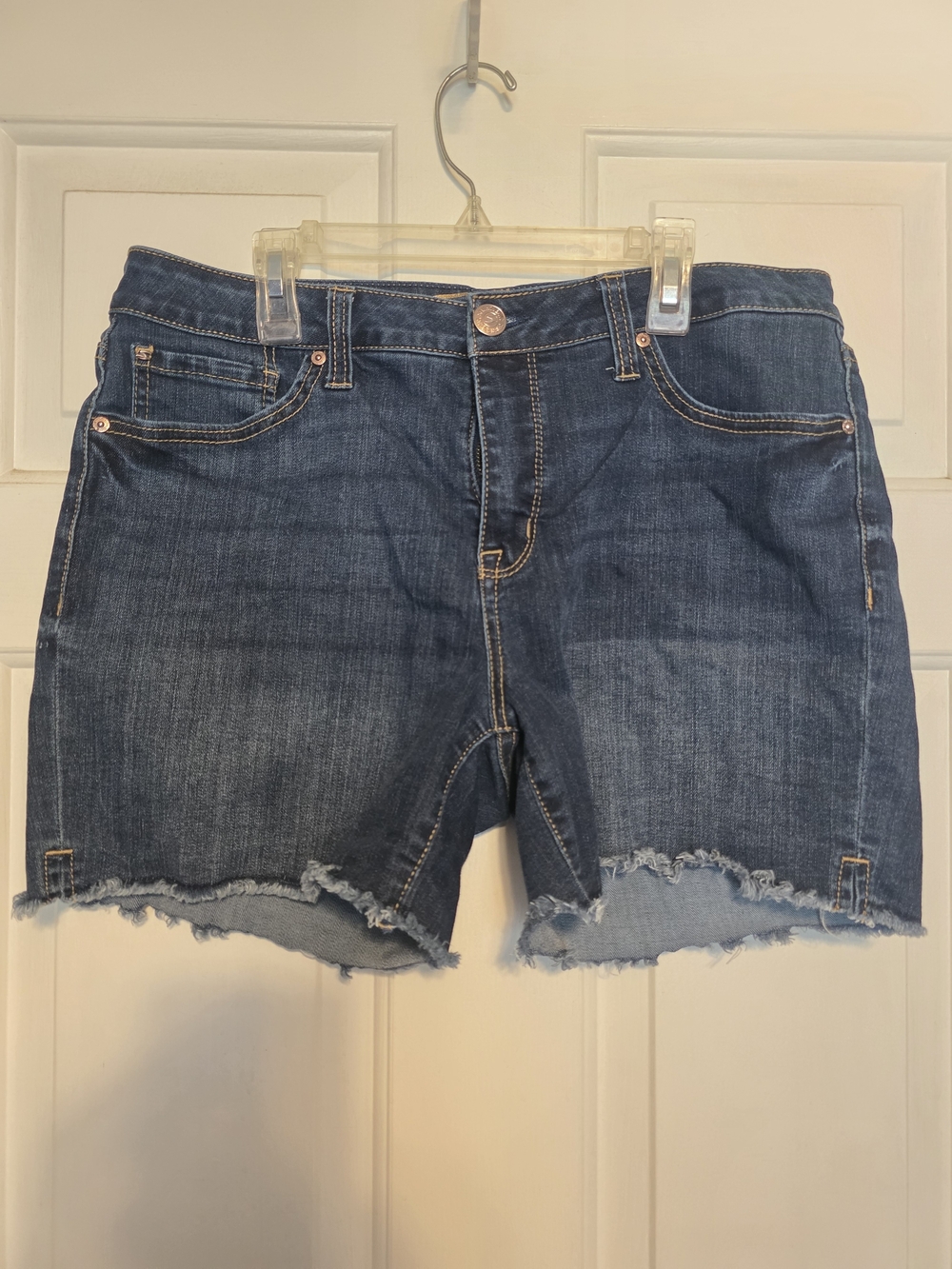 Seven7 Mid-Rise Dark Blue Frayed Hem Denim Shorts